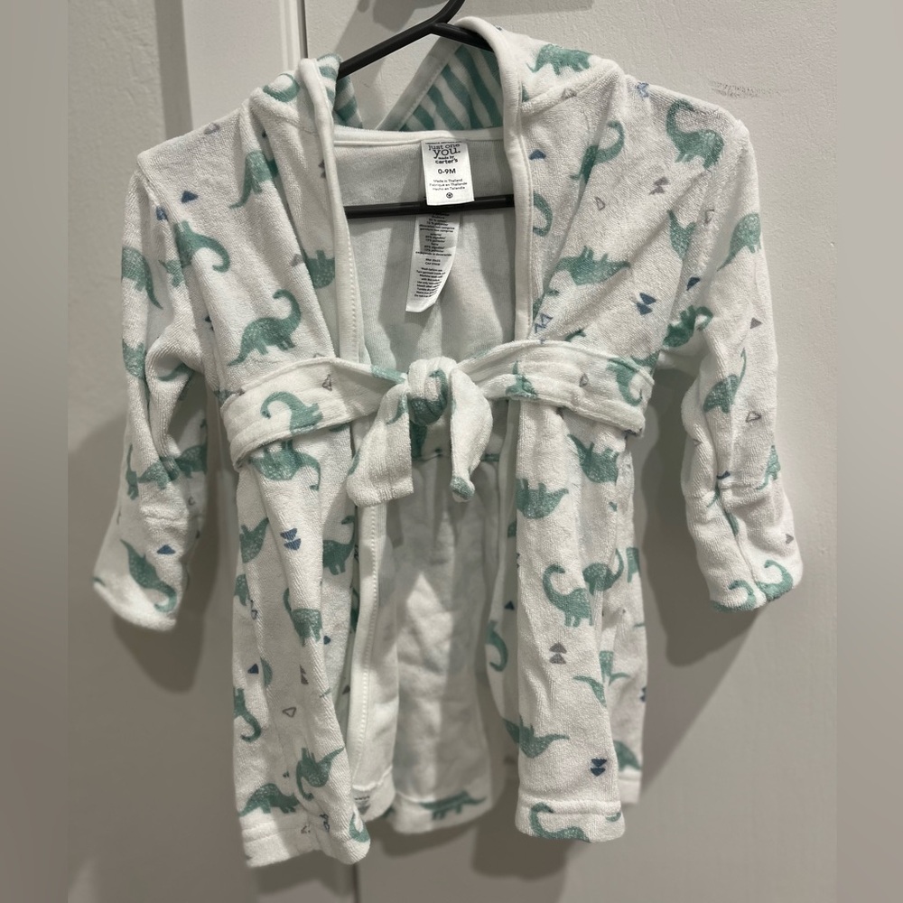 Carters Just One You Baby Bath Robe Boys Size 0-9 Months White Dino Hood W/ Belt